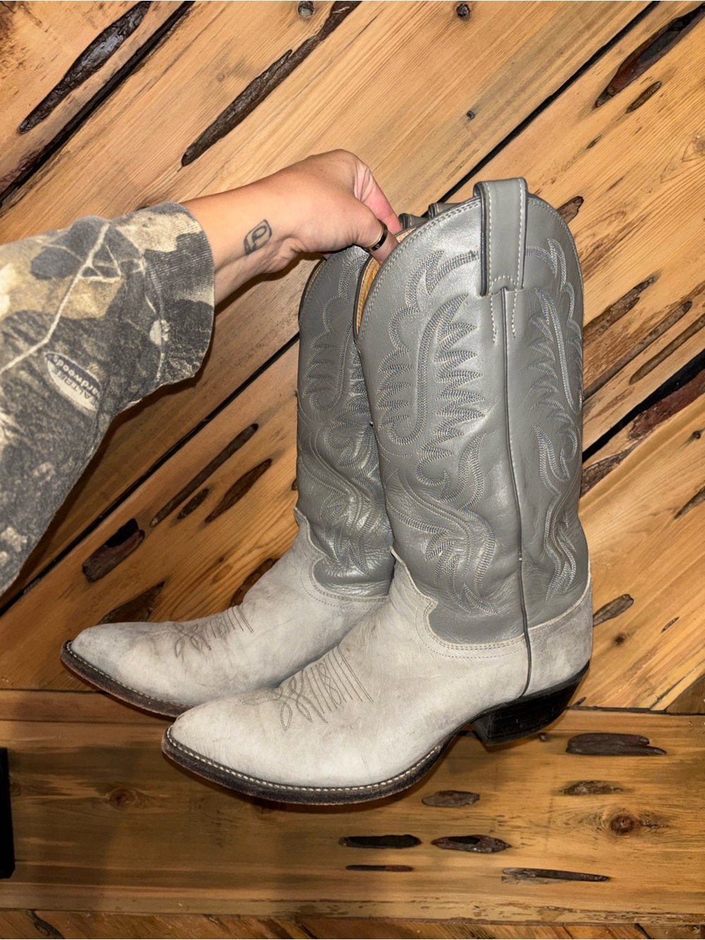 Justin Boots Gray and Light Gray Leather Cowboy Boots